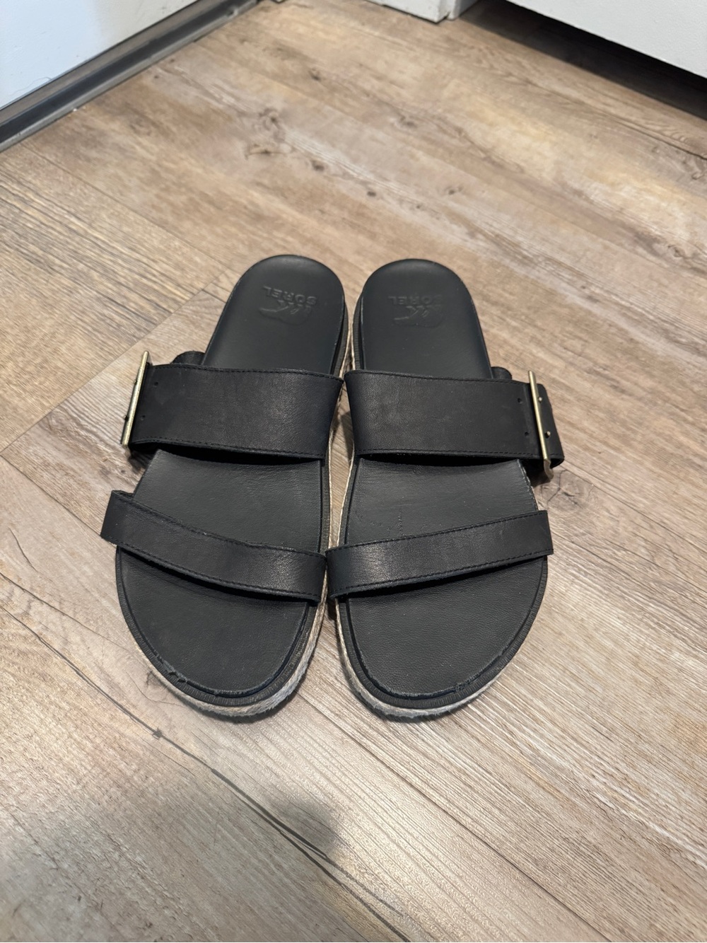 Sorel Black Double-Strap Slide Sandal with Gold Buckles